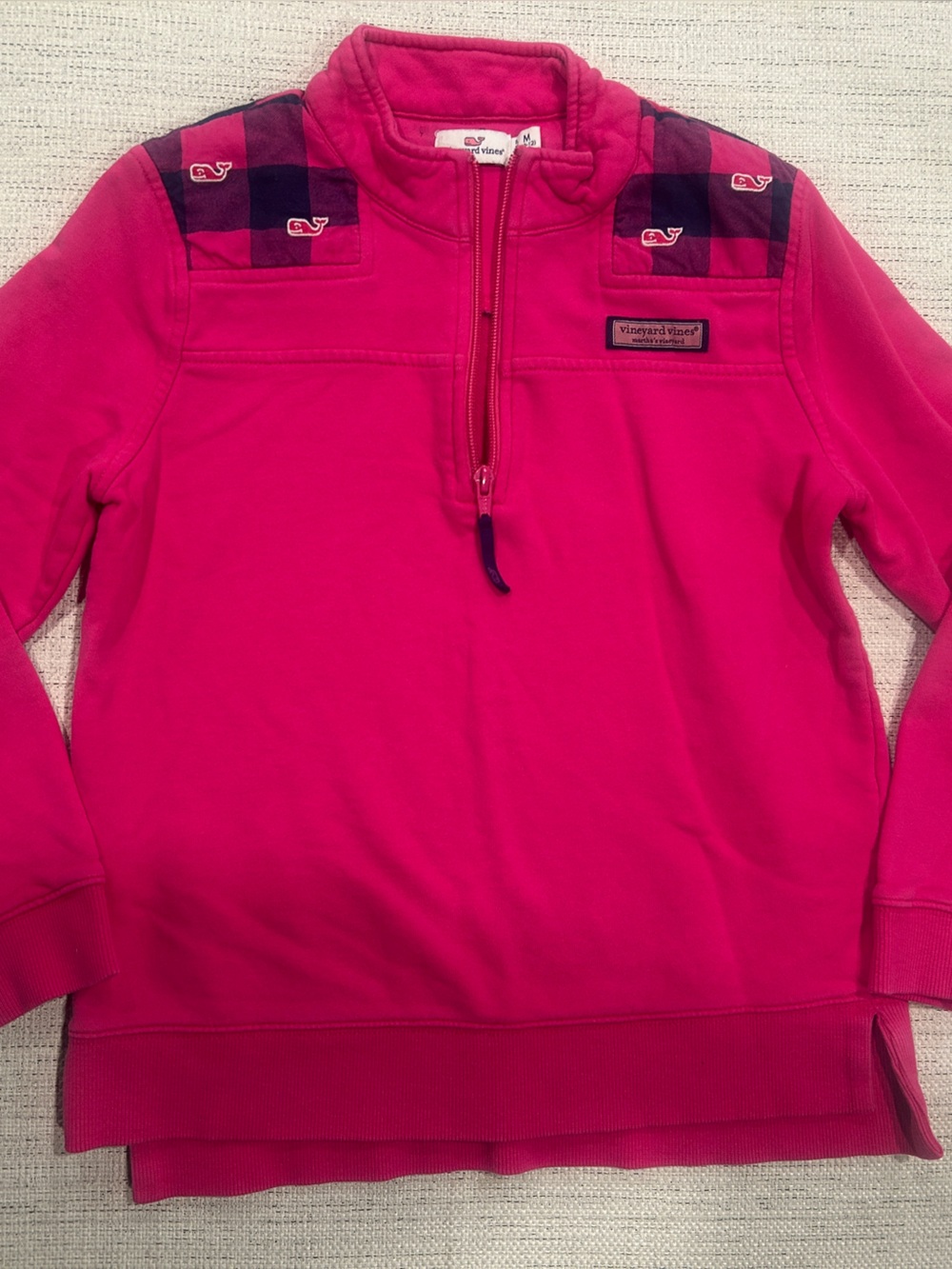 Vineyard Vines Girls' Hot Pink Half-Zip Pullover with Plaid Accents